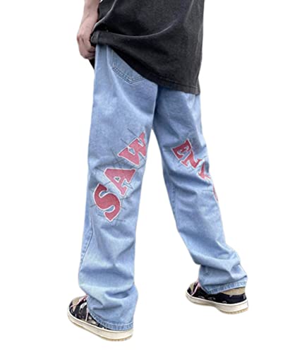 ORANDESIGNE Men Hip Hop Jeans Baggy Unisex Damen Herren Straight Leg Gewaschen Jeanshose Casual Denim Hosen Vintage Bedruckte Jeans Teenager Jungen Mädchen Skateboard Hosen Streetwear H Blau L von ORANDESIGNE