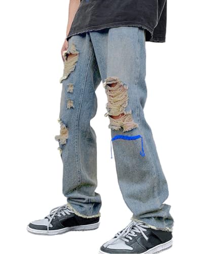 ORANDESIGNE Men Hip Hop Jeans Baggy Unisex Damen Herren Straight Leg Gewaschen Jeanshose Casual Denim Hosen Vintage Bedruckte Jeans Teenager Jungen Mädchen Skateboard Hosen Streetwear S Blau L von ORANDESIGNE