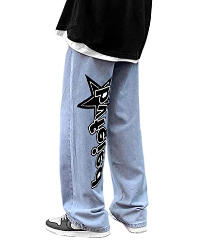 ORANDESIGNE Men Hip Hop Jeans Baggy Unisex Damen Herren Straight Leg Gewaschen Jeanshose Casual Denim Hosen Vintage Bedruckte Jeans Teenager Jungen Mädchen Skateboard Hosen Streetwear ZI Blau XL von ORANDESIGNE