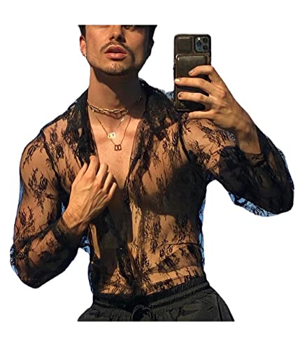 ORANDESIGNE Mesh Top Männer Transparent Langarm Tank Top Netz Shirt Fischernetz Männer Reizvoll Unterwäsche Slim Muscleshirt Sexy Unterhemd Netzhemd durchsichtiges Oberteil Clubwear W Schwarz S von ORANDESIGNE