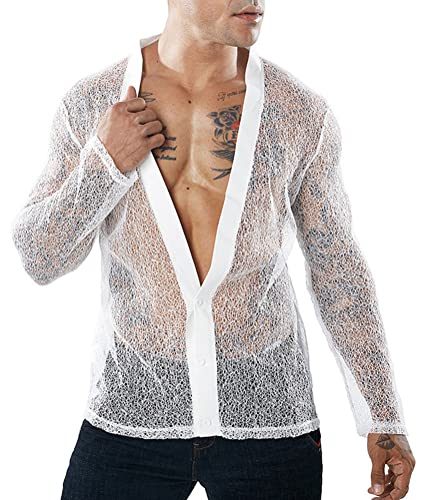 ORANDESIGNE Mesh Top Männer Transparent Schwarz Langarm Tank Top Netz Shirt Fischernetz Männer Reizvoll Unterwäsche Slim Muscleshirt Sexy Unterhemd Netzhemd durchsichtiges Oberteil Clubwear E Weiß XL von ORANDESIGNE