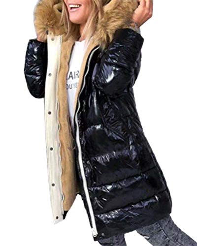 ORANDESIGNE Metallic Taschen Umlegekragen Langarm Warmer Glänzend Steppjacke D Schwarz Wintermantel Damen Mode XL von ORANDESIGNE