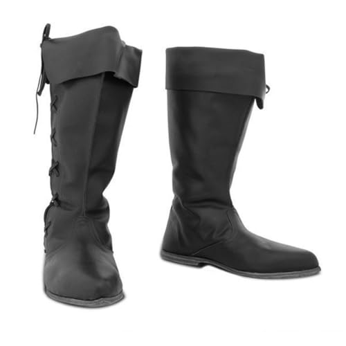 ORANDESIGNE Mittelalter Stiefel Herren Ritter Kostüm Cowboystiefel Westernstiefel Piratenkostüm Herren Gummistiefel Viking Kniehohe Stiefel Retro PU Leder Piratenstiefel C Schwarz 42 EU von ORANDESIGNE