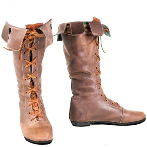 ORANDESIGNE Mittelalter Stiefel Herren Ritter Kostüm Cowboystiefel Westernstiefel Piratenkostüm Herren Gummistiefel Viking Kniehohe Stiefel Retro PU Leder Piratenstiefel E Braun 40 EU von ORANDESIGNE