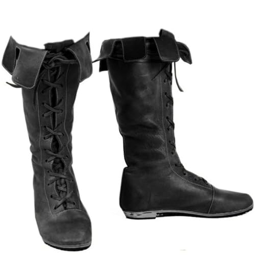 ORANDESIGNE Mittelalter Stiefel Herren Ritter Kostüm Cowboystiefel Westernstiefel Piratenkostüm Herren Gummistiefel Viking Kniehohe Stiefel Retro PU Leder Piratenstiefel E Schwarz 45 EU von ORANDESIGNE