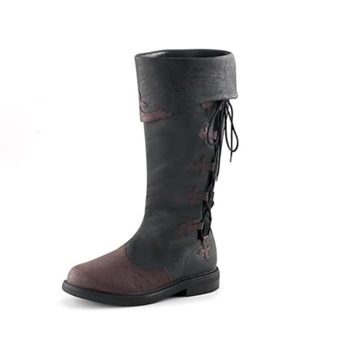 ORANDESIGNE Mittelalter Stiefel Herren Ritter Kostüm Cowboystiefel Westernstiefel Piratenkostüm Herren Gummistiefel Viking Kniehohe Stiefel Retro PU Leder Piratenstiefel F Schwarz 42 EU von ORANDESIGNE
