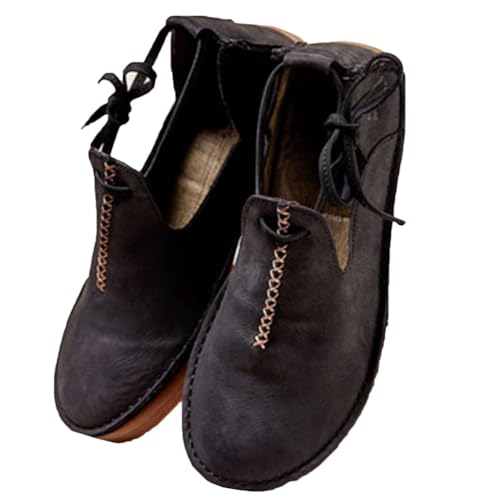 ORANDESIGNE Mittelalterliche PU Lederschuhe Flache Schuhe Renaissance-Hexenstiefel mit Niedrigem Absatz Steampunk Retro Casual Lederstiefeletten Rundkopf Lederschuhe 42 EU A Schwarz von ORANDESIGNE
