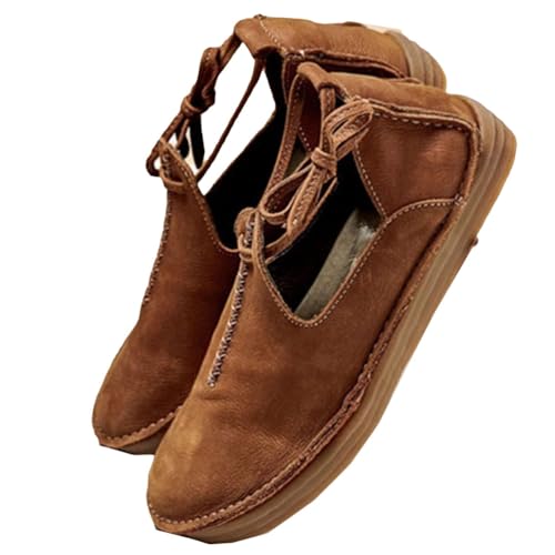 ORANDESIGNE Mittelalterliche PU Lederschuhe Flache Schuhe Renaissance-Hexenstiefel mit Niedrigem Absatz Steampunk Retro Casual Lederstiefeletten Rundkopf Lederschuhe A Gelb 39 EU von ORANDESIGNE