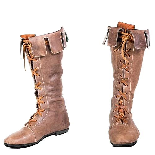 ORANDESIGNE Mittelalterliche Pu Lederstiefel - Retro Frauen/Herren Ritterpiratenkostüm Kurze Knöchelstiefel Mit Flachem Boden Gotische Bandageschuhe Für Cosplay Karnevalsparty E Braun 45 EU von ORANDESIGNE