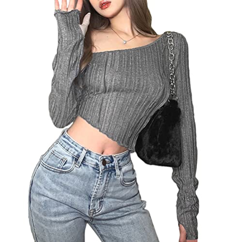 ORANDESIGNE Mode Damen Gothic Punk Streifen Pullover Schulterfrei Langarm Gestreifte Zerrissene Strickpullover Crop Top Lose Oberteile A Grau S von ORANDESIGNE