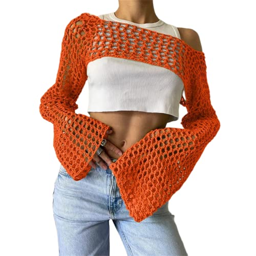 ORANDESIGNE Mode Damen Gothic Punk Streifen Pullover Schulterfrei Langarm Gestreifte Zerrissene Strickpullover Crop Top Lose Oberteile D Orange M von ORANDESIGNE