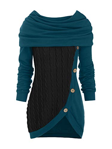 ORANDESIGNE Mode Frauen Pullover Freizeit Seitliche Tasten Plaid Patchwork O Kragen Asymmetrie Lange Tunika Damen T Shirt Tops Bluse Plus Size F Blau XS von ORANDESIGNE