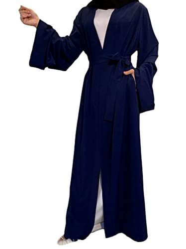 ORANDESIGNE Muslimische Kleider Damen Abaya Muslim Kleider Langes Langarm Ramadan Elegant Einfarbig Sommerkleid Flowy Robe Islamische Gebetskleidung Muslim Kleidung für Frauen A Navy Blau M von ORANDESIGNE