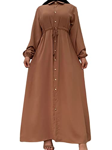 ORANDESIGNE Muslimisches Gebetskleid für Frauen Abaya Kleid Islamisches Maxi Afrikanisches Kaftan Türkei Islam Kleid in Voller Länge Revers Hohe Taille Hemdkleid E Braun L von ORANDESIGNE