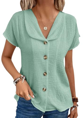 ORANDESIGNE Musselin Bluse Damen Sommer Button Down Leinenbluse Kurzarm Blusen Baumwolle Hemd Elegant Oberteile A Grün XXL von ORANDESIGNE