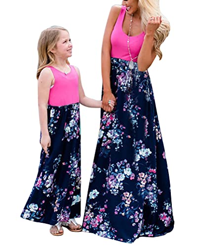 ORANDESIGNE Mutter und Tochter Maxikleid Stitching Blumenmuster Kleider Familie Kleidung Partykleid Strandkleid Mutter und Mädchen Ärmelloses Langes Kleider F Rosa M von ORANDESIGNE