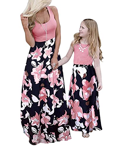 ORANDESIGNE Mutter und Tochter Maxikleid Stitching Blumenmuster Kleider Familie Kleidung Partykleid Strandkleid Mutter und Mädchen Ärmelloses Langes Kleider F Rot L von ORANDESIGNE