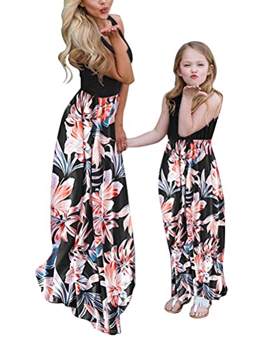 ORANDESIGNE Mutter und Tochter Maxikleid Stitching Blumenmuster Kleider Familie Kleidung Partykleid Strandkleid Mutter und Mädchen Ärmelloses Langes Kleider F Schwarz L von ORANDESIGNE