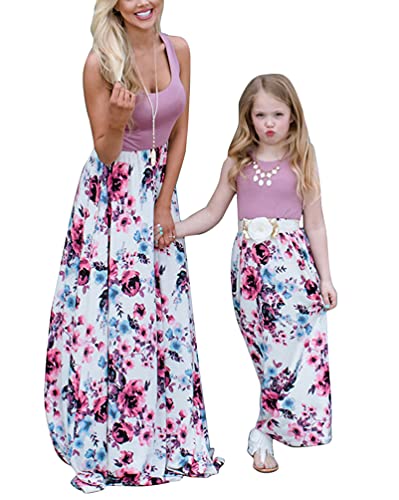 ORANDESIGNE Mutter und Tochter Maxikleid Stitching Blumenmuster Kleider Familie Kleidung Partykleid Strandkleid Mutter und Mädchen Ärmelloses Langes Kleider F Violett S von ORANDESIGNE