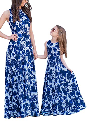 ORANDESIGNE Mutter und Tochter Maxikleid Stitching Blumenmuster Kleider Familie Kleidung Partykleid Strandkleid Mutter und Mädchen Ärmelloses Langes Kleider I Blau M von ORANDESIGNE