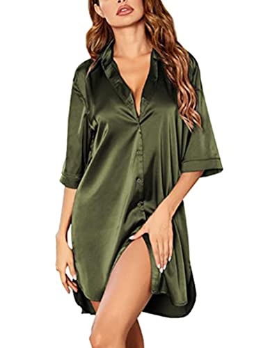 ORANDESIGNE Nachthemd Damen Kurzarm Nachtwäsche Kurze Nachthemden Nachtkleid Sommer Sleepshirt Negligee Sleepwear Schlafhemd Knielang A Armeegrün M von ORANDESIGNE