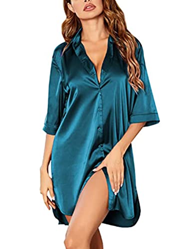 ORANDESIGNE Nachthemd Damen Kurzarm Nachtwäsche Kurze Nachthemden Nachtkleid Sommer Sleepshirt Negligee Sleepwear Schlafhemd Knielang A Dunkelgrün XL von ORANDESIGNE