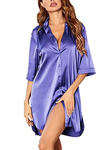 ORANDESIGNE Nachthemd Damen Kurzarm Nachtwäsche Kurze Nachthemden Nachtkleid Sommer Sleepshirt Negligee Sleepwear Schlafhemd Knielang A Violett M von ORANDESIGNE