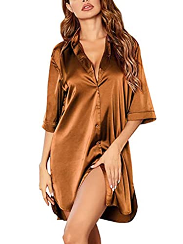 ORANDESIGNE Nachthemden Damen Nachtkleid Kurz Satin 3/4 Ärmel Sleepshirt mit Tiefer V-Ausschnitt Kurz Sleepwear Negligee Nachtwäsche Einfarbig Sexy Nachthemd Bequemes Homewear A Braun XL von ORANDESIGNE