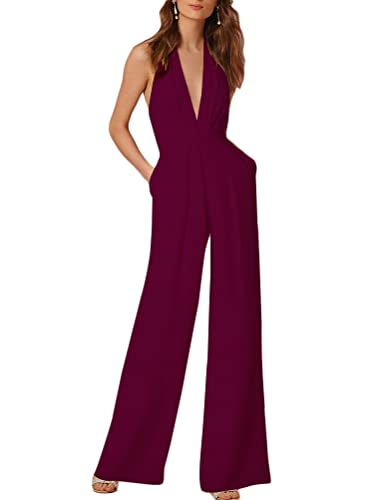 ORANDESIGNE Neckholder Jumpsuit Damen Sommer Lang V-Ausschnitt Rückenfrei V Ausschnitt Overall Baggy Hosenanzug Breites Bein Einfarbig Playsuit Sexy 02-rot M von ORANDESIGNE