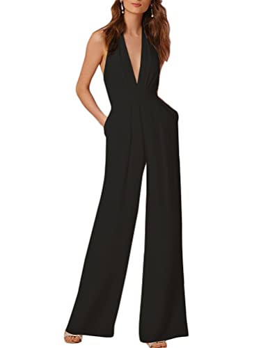 ORANDESIGNE Neckholder Jumpsuit Damen Sommer Lang V-Ausschnitt Rückenfrei V Ausschnitt Overall Baggy Hosenanzug Breites Bein Einfarbig Playsuit Sexy 02-schwarz M von ORANDESIGNE