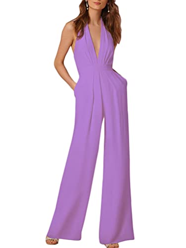 ORANDESIGNE Neckholder Jumpsuit Damen Sommer Lang V-Ausschnitt Rückenfrei V Ausschnitt Overall Baggy Hosenanzug Breites Bein Einfarbig Playsuit Sexy 02-violett S von ORANDESIGNE