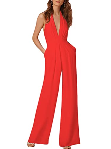 ORANDESIGNE Neckholder Jumpsuit Damen Sommer Lang V-Ausschnitt Rückenfrei V Ausschnitt Overall Baggy Hosenanzug Breites Bein Einfarbig Playsuit Sexy 02-weinrot M von ORANDESIGNE