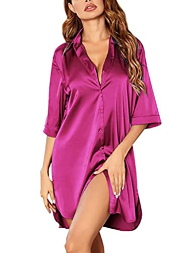 ORANDESIGNE Negligee Damen Sexy Kurz Satin Nachthemd V-Ausschnitt Nachtkleid Sommer Nachtwäsche Frau Sleepwear Nachthemd Satin Sexy Negligee Unterkleid Nachtkleid für Frauen A Rosarot M von ORANDESIGNE