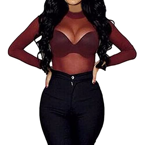 ORANDESIGNE Netzshirt Damen Schwarz Damen Netzoberteil Netz Hose Set Transparent Bluse Langarm Top Bauchfrei Sexy Langarmshirt Party Clubwear Outfit I Rot S von ORANDESIGNE