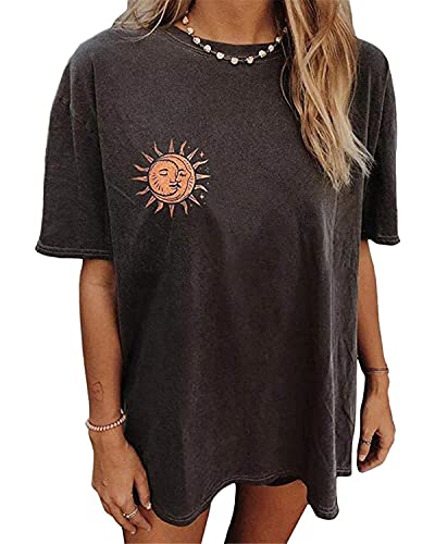 ORANDESIGNE Oberteile Damen Oversized Tshirt Sonne Mond Motiv Sportshirt Kurzarm Sport Oberteile Vintage Sweatshirt Rundhals Oberteile Teenager Mädchen Best Friends Top Lang N Schwarz L von ORANDESIGNE