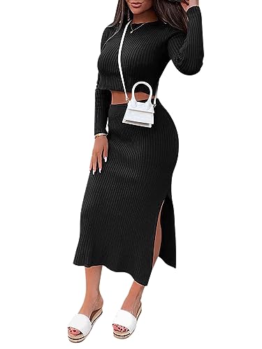 ORANDESIGNE Outfit Zweiteiler Damen Elegant Festlich Strickpullover Cropped + Midi Rock Mit Schlitz Wickel Kombi Set Figurbetont Eng Kleidung Modische Lässige Winteranzug Schwarz XS von ORANDESIGNE