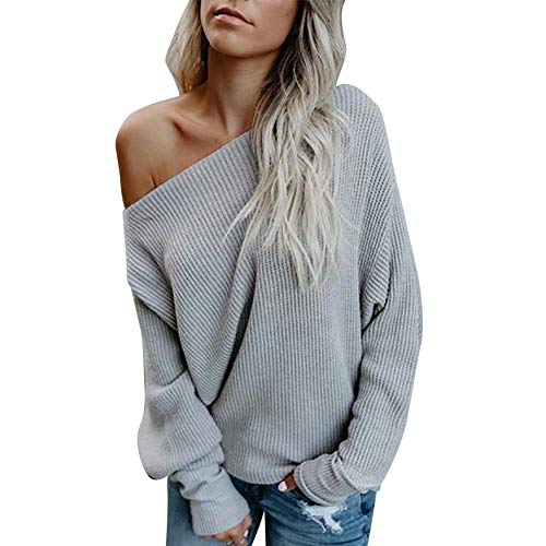 ORANDESIGNE Oversize Pullover Damen Off Shoulder Loose Fledermausärmel Sweatshirt Casual Strick Oberteile T-Shirt 001 Hellgrau DE 48 von ORANDESIGNE