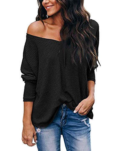 ORANDESIGNE Oversize Tshirts Damen Pullover Langarmshirt Einfarbig V-Ausschnitt Schulterfrei Sweatshirt Damen Herbst Waffle Strick Oberteile Casual Bluse Tops Schwarz DE 40 von ORANDESIGNE