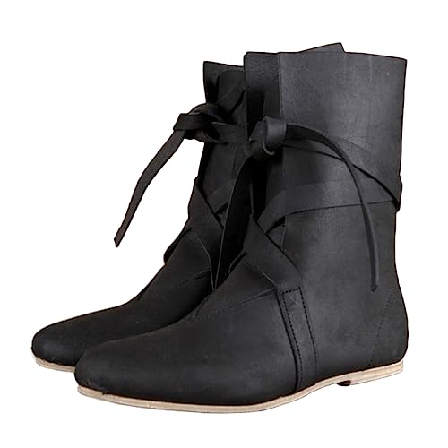 ORANDESIGNE PU-Leder Retro-Stiefel Für Männer Und Frauen Renaissance Steampunk Schuhe Verstellbare Piraten Kurzstiefel Mit Flachem Boden Kurze Kanisterstiefel Wikingerstiefel A Schwarz 45 EU von ORANDESIGNE