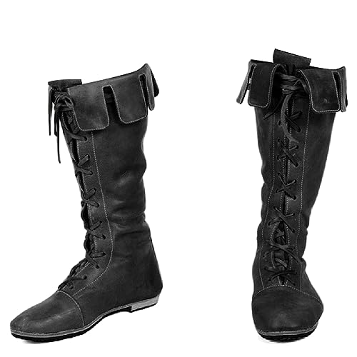 ORANDESIGNE PU-Leder Retro-Stiefel Für Männer Und Frauen Renaissance Steampunk Schuhe Verstellbare Piraten Kurzstiefel Mit Flachem Boden Kurze Kanisterstiefel Wikingerstiefel E Schwarz 42 EU von ORANDESIGNE