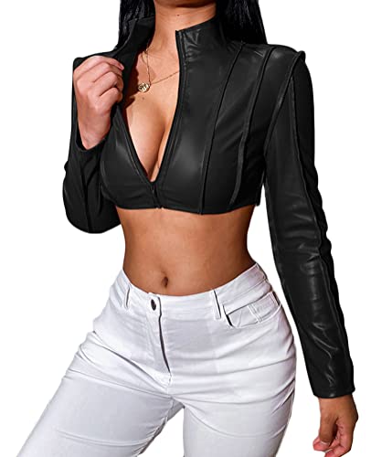 ORANDESIGNE PU Lederjacke Damen Gothic Schwarz PU Leder Jacke Frauen Eine Schulter Halter Schnalle Kurzmantel Y2K Crop Tops Outfits Mode Streetwear Cropped Jacken G Schwarz XL von ORANDESIGNE