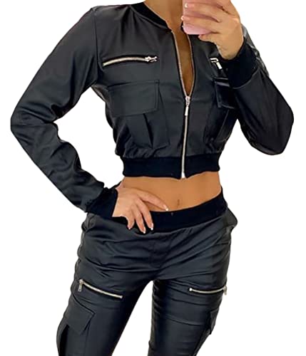 ORANDESIGNE PU Lederjacke Damen Gothic Schwarz PU Leder Jacke Frauen Eine Schulter Halter Schnalle Kurzmantel Y2K Crop Tops Outfits Mode Streetwear Cropped Jacken H Schwarz L von ORANDESIGNE