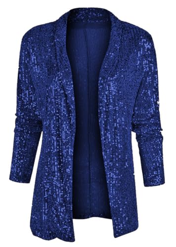 ORANDESIGNE Pailletten Blazer Damen Cardigan Jacke Langarm Glitzer Bomberjacke Party Club Jacke Pailletten Blazer Elegant Tailliert Anzugjacke Glitzer Tops Kurz Pailletten Oberteil A Blau XL von ORANDESIGNE