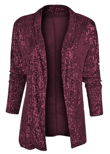 ORANDESIGNE Pailletten Blazer Damen Cardigan Jacke Langarm Glitzer Bomberjacke Party Club Jacke Pailletten Blazer Elegant Tailliert Anzugjacke Glitzer Tops Kurz Pailletten Oberteil A Weinrot XL von ORANDESIGNE