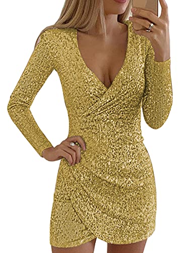 ORANDESIGNE Pailletten Kleider Damen Kurz Glitzerkleid Langarm V-Ausschnitt Glänzende Kleider Sexy Partykleid Bodycon Enges Party Minikleid Wickelkleid Sommer Festkleid A Gelb M von ORANDESIGNE