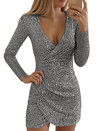 ORANDESIGNE Pailletten Kleider Damen Kurz Glitzerkleid Langarm V-Ausschnitt Glänzende Kleider Sexy Partykleid Bodycon Enges Party Minikleid Wickelkleid Sommer Festkleid A Grau M von ORANDESIGNE