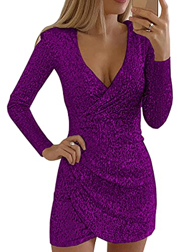 ORANDESIGNE Pailletten Kleider Damen Kurz Glitzerkleid Langarm V-Ausschnitt Glänzende Kleider Sexy Partykleid Bodycon Enges Party Minikleid Wickelkleid Sommer Festkleid A Lila S von ORANDESIGNE