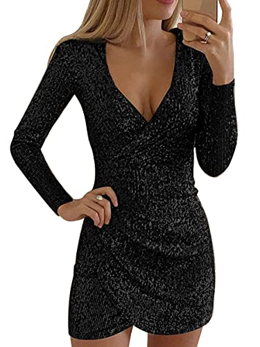 ORANDESIGNE Pailletten Kleider Damen Kurz Glitzerkleid Langarm V-Ausschnitt Glänzende Kleider Sexy Partykleid Bodycon Enges Party Minikleid Wickelkleid Sommer Festkleid A Schwarz L von ORANDESIGNE