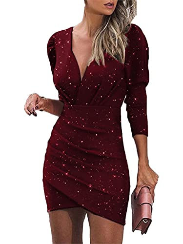 ORANDESIGNE Pailletten Kleider Damen Kurz Glitzerkleid Langarm V-Ausschnitt Glänzende Kleider Sexy Partykleid Bodycon Enges Party Minikleid Wickelkleid Sommer Festkleid B Rot M von ORANDESIGNE