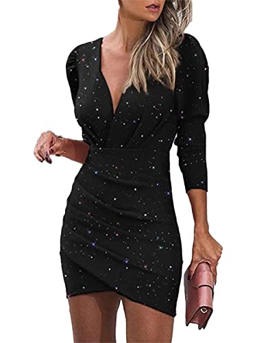 ORANDESIGNE Pailletten Kleider Damen Kurz Glitzerkleid Langarm V-Ausschnitt Glänzende Kleider Sexy Partykleid Bodycon Enges Party Minikleid Wickelkleid Sommer Festkleid B Schwarz S von ORANDESIGNE